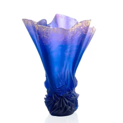 Vase grand modèle drapé bleu nuit doré a la feuille d’or croisière daum
