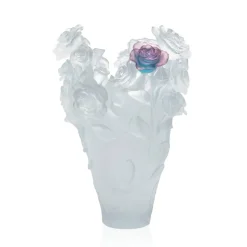 Vase magnum rose passion blanc fleur verte & rose daum