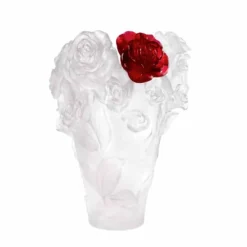 Vase rose blanc fleur rouge daum